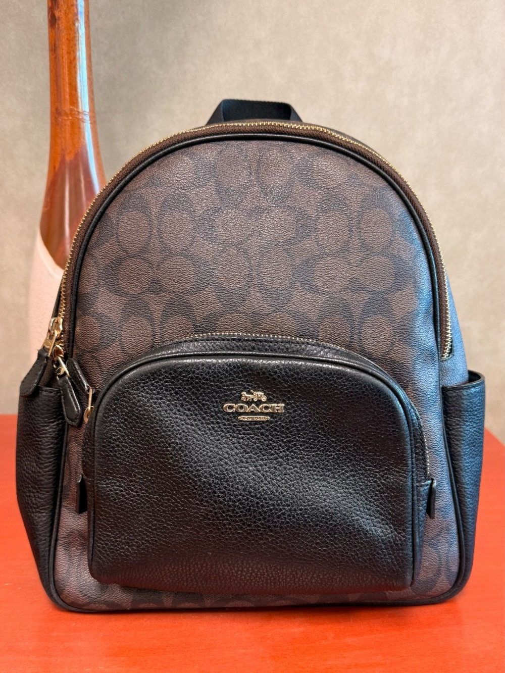 Coach Signature Canvas Backpack – Brown + Black Leather